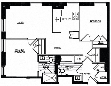 Floor plan for 2 beds, 2 baths, 972 sqft